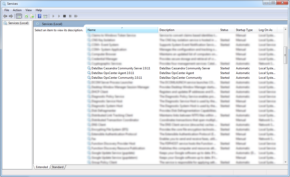 Services control panel in Windows 7 with DataStax Community Edition services Services control panel in Windows 7 with DataStax Community Edition services
