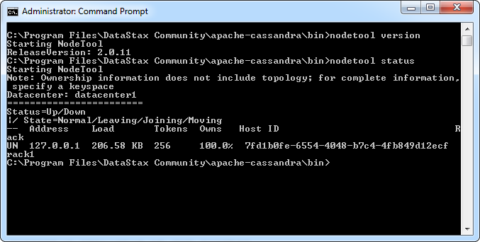 Using nodetool version and nodetool status from the Windows command prompt Using nodetool version and nodetool status from the Windows command prompt